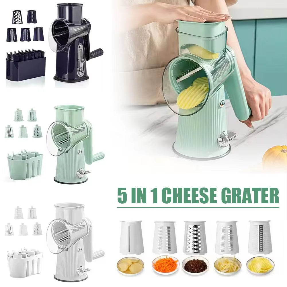 5 in 1 Rotary Cheese Grater with Handle Manual Vegetable Suction Graters Slicer Strong Shredder Base Nuts with Grinder S6A6