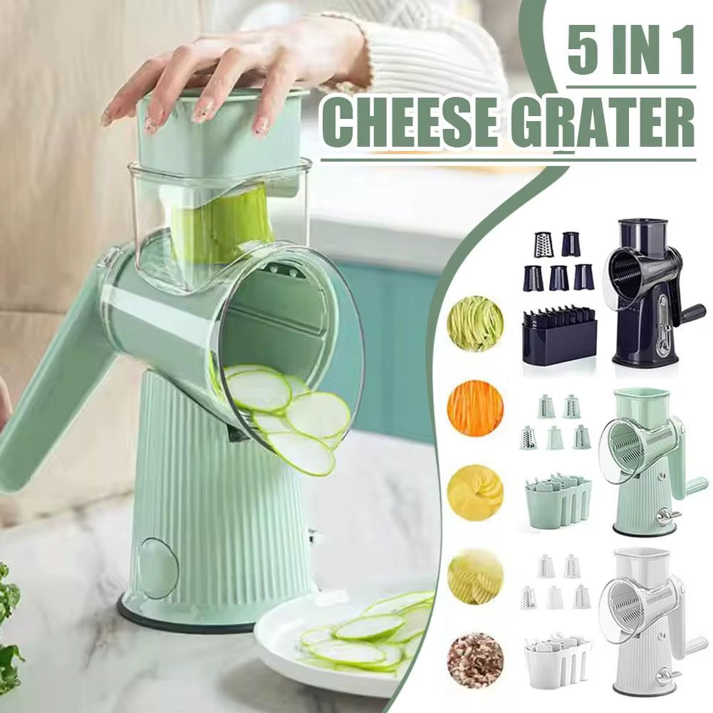 5 in 1 Rotary Cheese Grater with Handle Manual Vegetable Suction Graters Slicer Strong Shredder Base Nuts with Grinder S6A6
