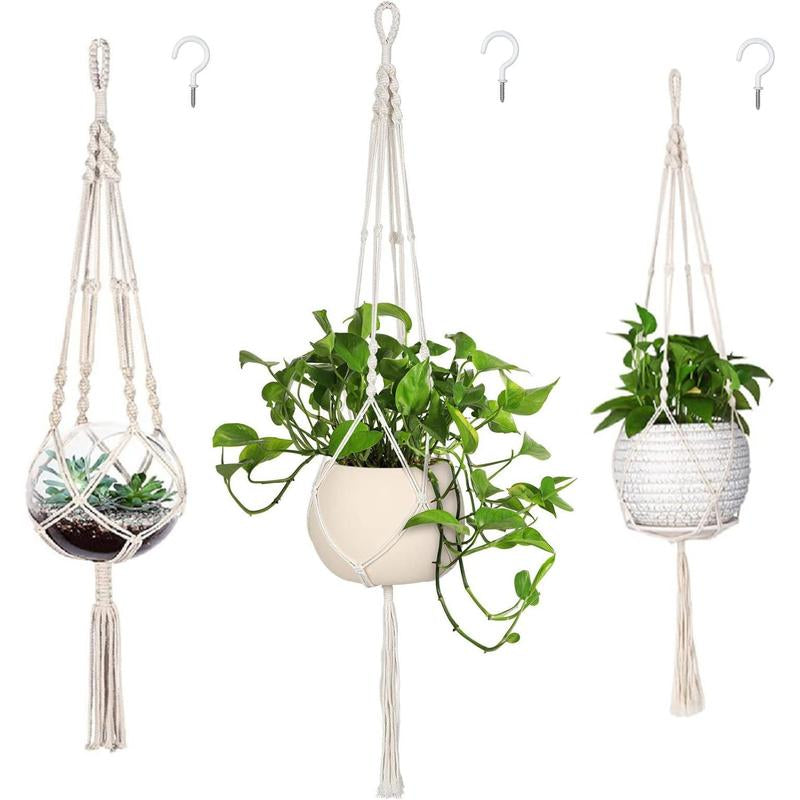 3 Pack Macrame Hanger Indoor Hanging Planter for Holder with 3 Hooks, Different Size for Boho Home Decor,(Pots NOT Included)
