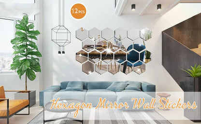 6/12pc Hexagon Mirror Wall Stickers 3D DIY Acrylic Mirror Sticker Self Adhesive Decals Removable Living Room Bathroom Home Decor