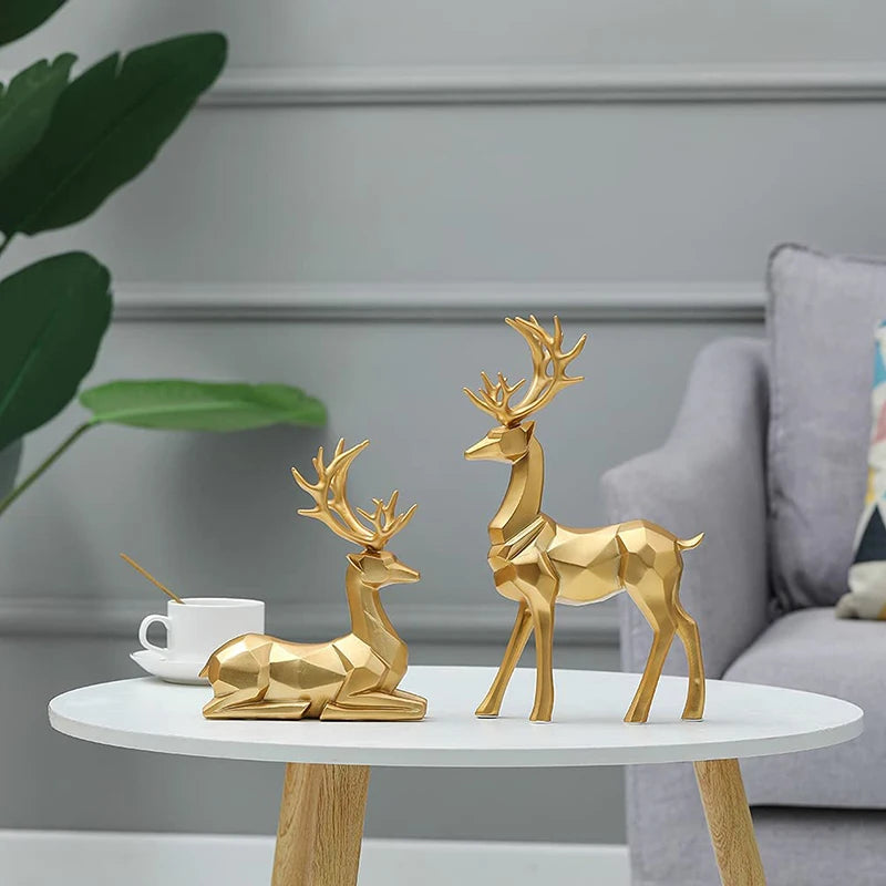 Resin Geometric Elk Sculpture Standing Gold Deer Statues Festival Reindeer Home Decor Living Room TV Cabinet Ornaments