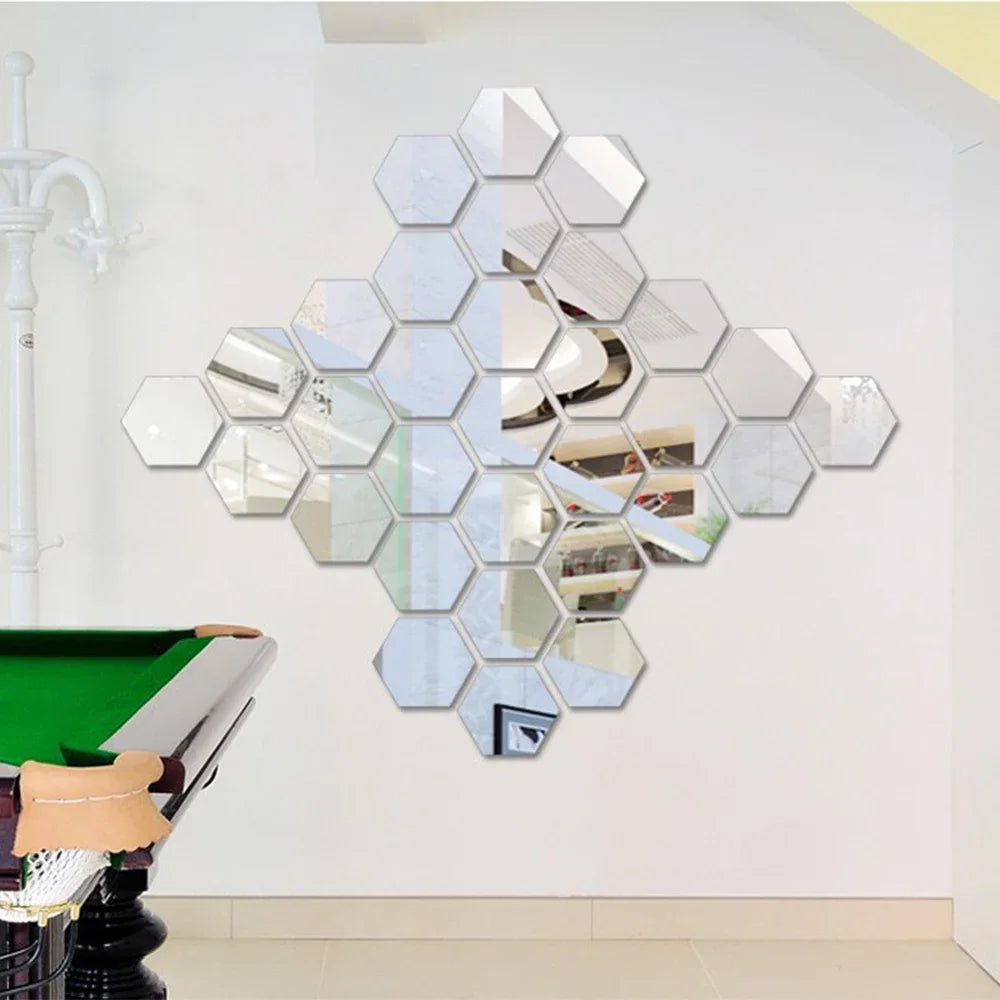 6/12pc Hexagon Mirror Wall Stickers 3D DIY Acrylic Mirror Sticker Self Adhesive Decals Removable Living Room Bathroom Home Decor