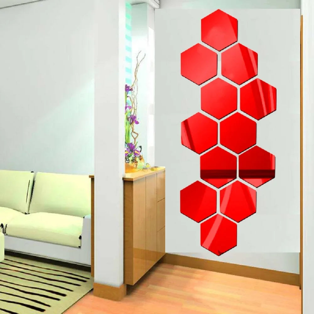 6/12pc Hexagon Mirror Wall Stickers 3D DIY Acrylic Mirror Sticker Self Adhesive Decals Removable Living Room Bathroom Home Decor