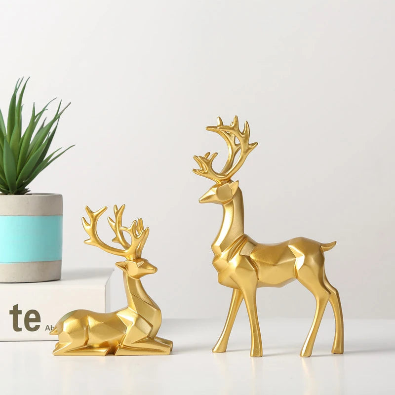 Resin Geometric Elk Sculpture Standing Gold Deer Statues Festival Reindeer Home Decor Living Room TV Cabinet Ornaments