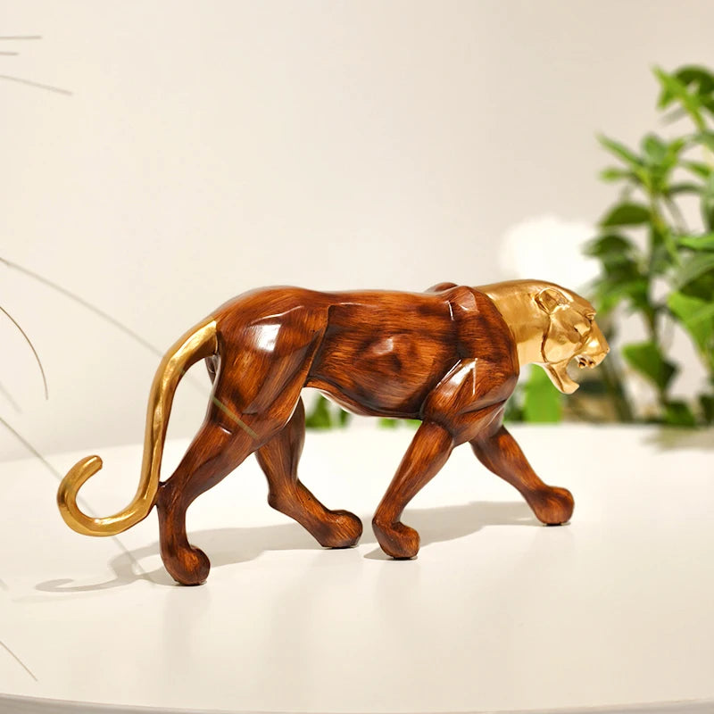 Golden Wood-Grain Leopard Sculpture — Resin Artifact