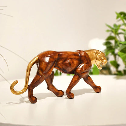 Golden Wood-Grain Leopard Sculpture — Resin Artifact