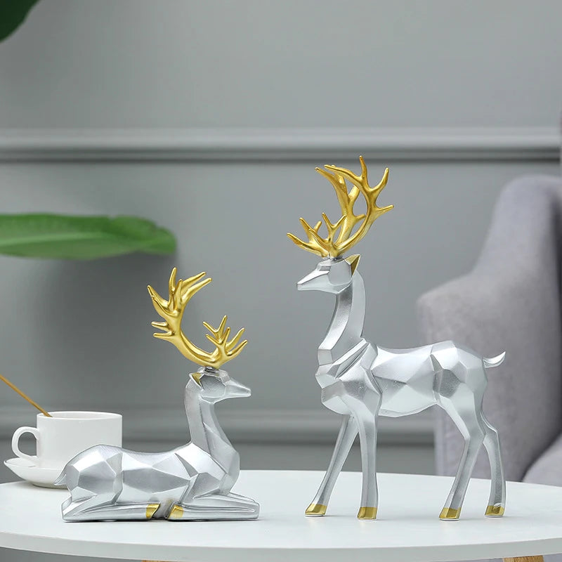 Resin Geometric Elk Sculpture Standing Gold Deer Statues Festival Reindeer Home Decor Living Room TV Cabinet Ornaments