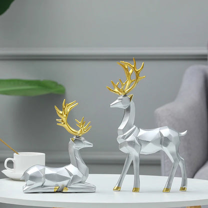 Resin Geometric Elk Sculpture Standing Gold Deer Statues Festival Reindeer Home Decor Living Room TV Cabinet Ornaments