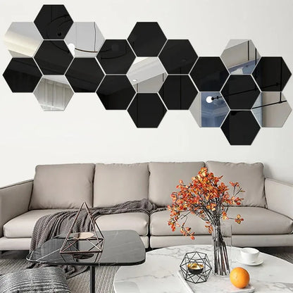 6/12pc Hexagon Mirror Wall Stickers 3D DIY Acrylic Mirror Sticker Self Adhesive Decals Removable Living Room Bathroom Home Decor