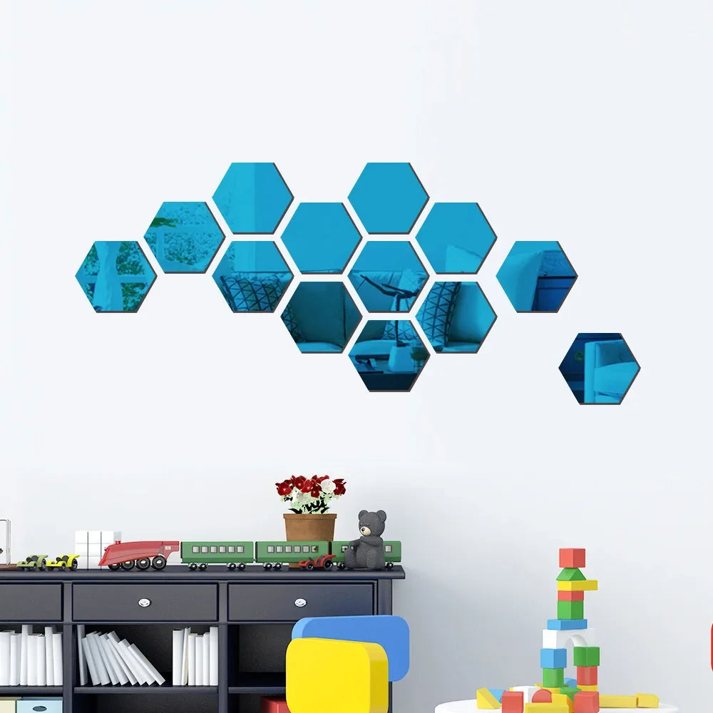 6/12pc Hexagon Mirror Wall Stickers 3D DIY Acrylic Mirror Sticker Self Adhesive Decals Removable Living Room Bathroom Home Decor