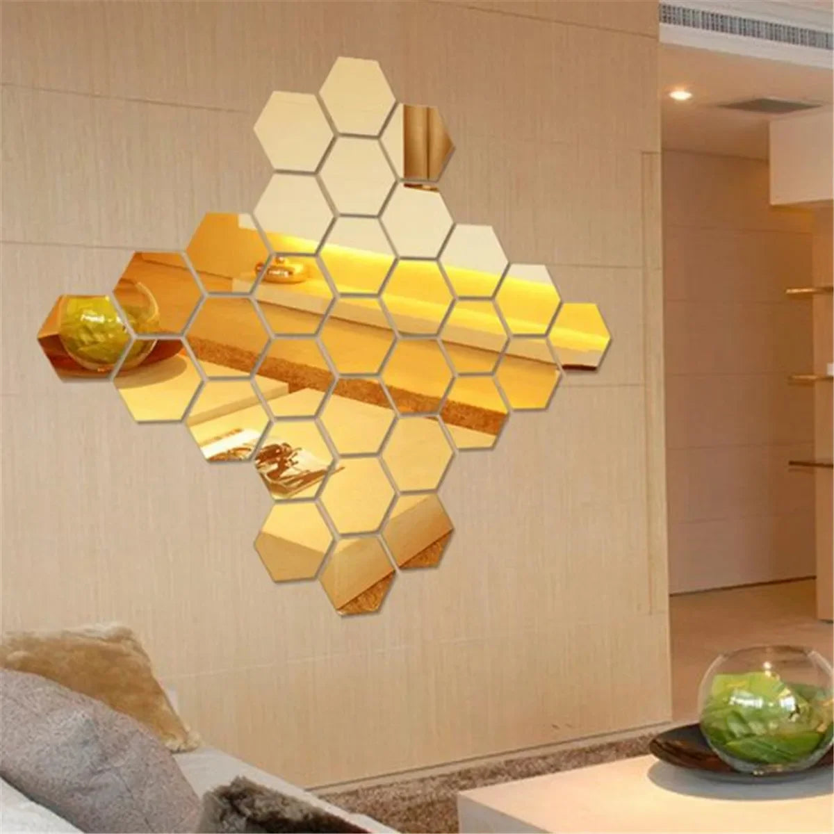 6/12pc Hexagon Mirror Wall Stickers 3D DIY Acrylic Mirror Sticker Self Adhesive Decals Removable Living Room Bathroom Home Decor