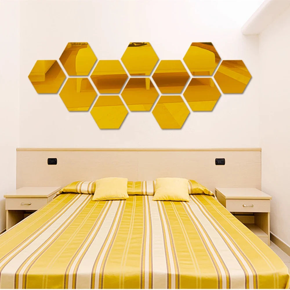 6/12pc Hexagon Mirror Wall Stickers 3D DIY Acrylic Mirror Sticker Self Adhesive Decals Removable Living Room Bathroom Home Decor