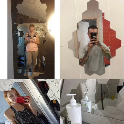 6/12pc Hexagon Mirror Wall Stickers 3D DIY Acrylic Mirror Sticker Self Adhesive Decals Removable Living Room Bathroom Home Decor