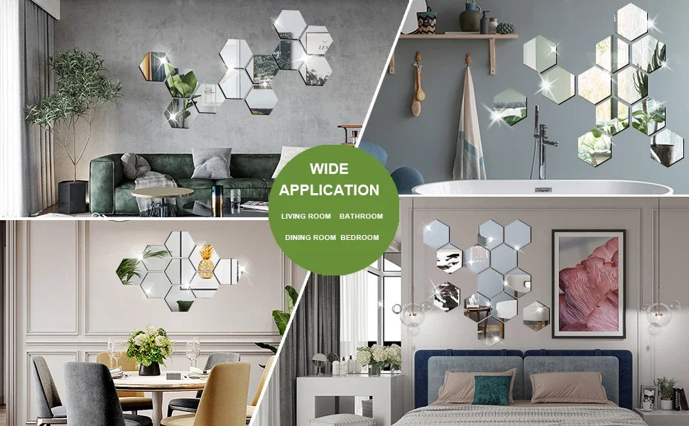 6/12pc Hexagon Mirror Wall Stickers 3D DIY Acrylic Mirror Sticker Self Adhesive Decals Removable Living Room Bathroom Home Decor
