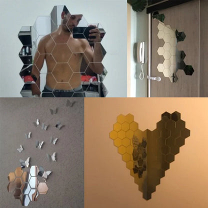 6/12pc Hexagon Mirror Wall Stickers 3D DIY Acrylic Mirror Sticker Self Adhesive Decals Removable Living Room Bathroom Home Decor
