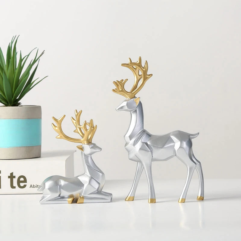 Resin Geometric Elk Sculpture Standing Gold Deer Statues Festival Reindeer Home Decor Living Room TV Cabinet Ornaments