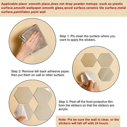 6/12pc Hexagon Mirror Wall Stickers 3D DIY Acrylic Mirror Sticker Self Adhesive Decals Removable Living Room Bathroom Home Decor