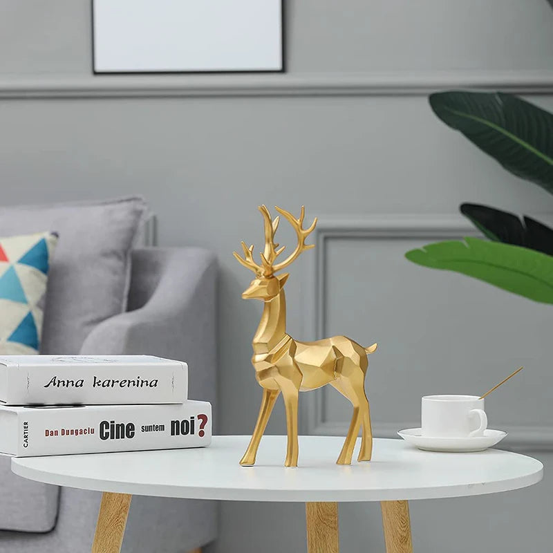 Resin Geometric Elk Sculpture Standing Gold Deer Statues Festival Reindeer Home Decor Living Room TV Cabinet Ornaments